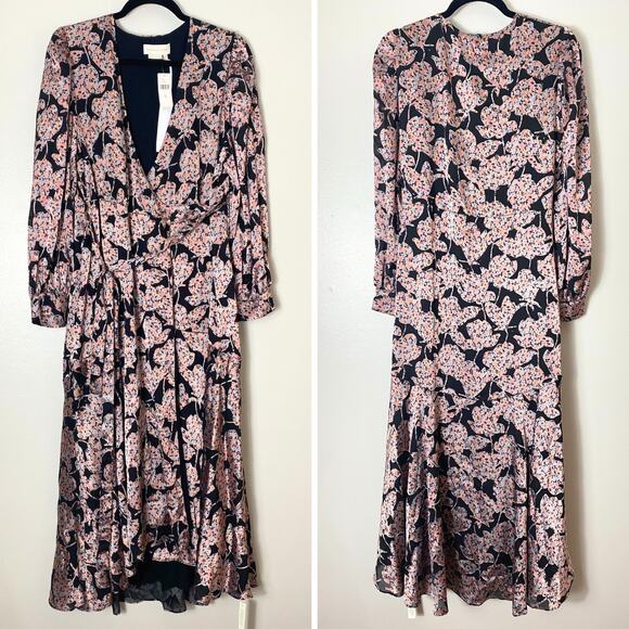 ANTHROPOLOGIE DRESS CABALLERO WRAP MIDI METALLIC FLORAL BLACK CORAL TAN FALL - Picture 3 of 16